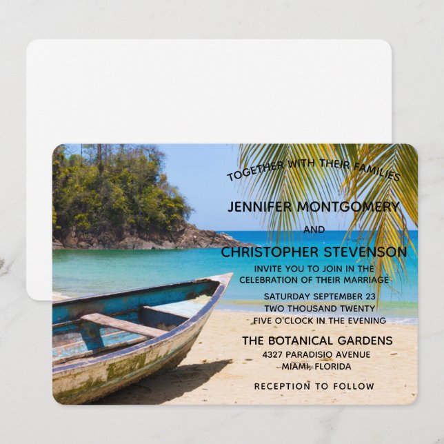 Invitation Mariage sur une belle plage tropicale avec un bate (Devant / Derrière)