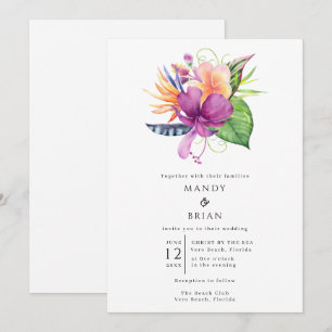 Invitation Mariage sur une île de plage aux fleurs tropicales