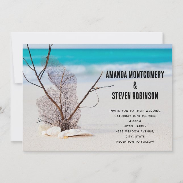 Invitation Mariage sur une plage tropicale avec des coquillag (Devant)
