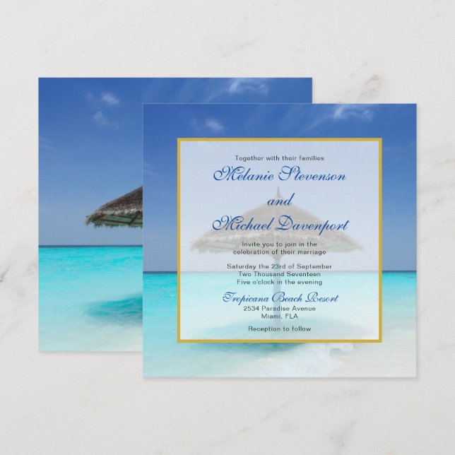 Invitation Mariage sur une Plage Tropicale avec un Parasol en (Devant / Derrière)