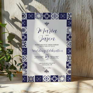 Invitation Mariage Talavera Majolique Bleu Nuit Blanc Mexicai
