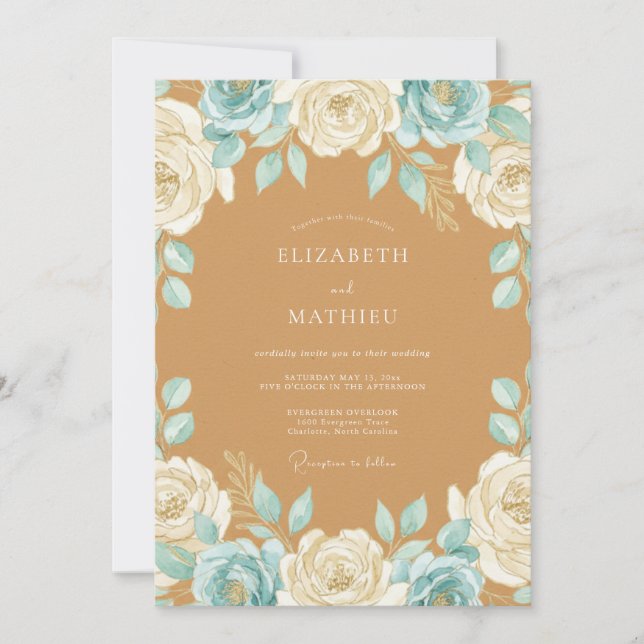 Invitation Mariage Tan Aqua Rose Chaude (Devant)