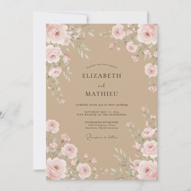Invitation Mariage Tan Rose Pâle Ranunculus Eucalyptus (Devant)