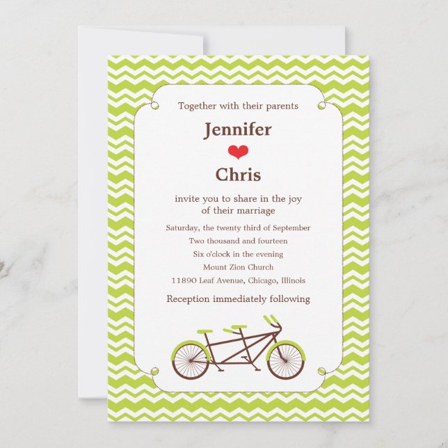 Invitation Mariage Tandem Bike (Green Chevron) (Devant)