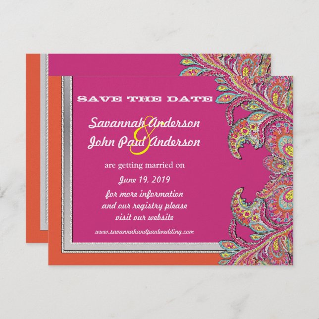 Invitation Mariage Tangerine et Fuchsia Argenté Enregistrez l (Devant / Derrière)