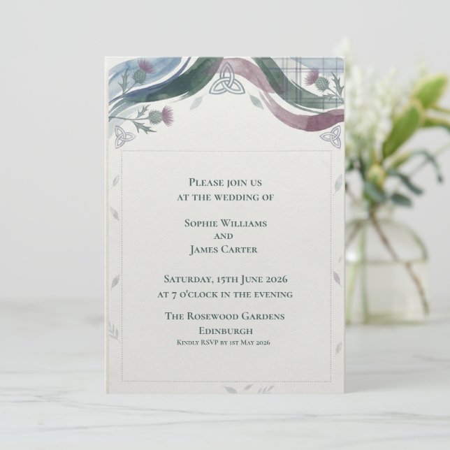 Invitation Mariage Tartan Écossais Celtique Chardon (Debout devant)