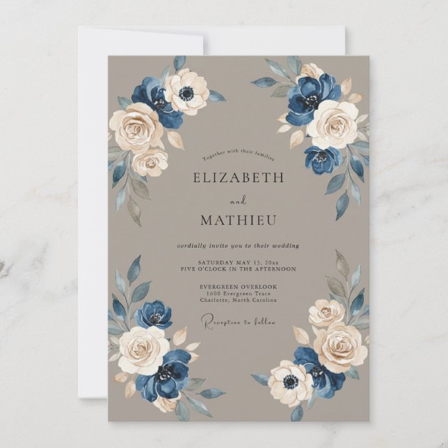 Invitation Mariage Taupe Acier Ranunculus Eucalyptus (Devant)