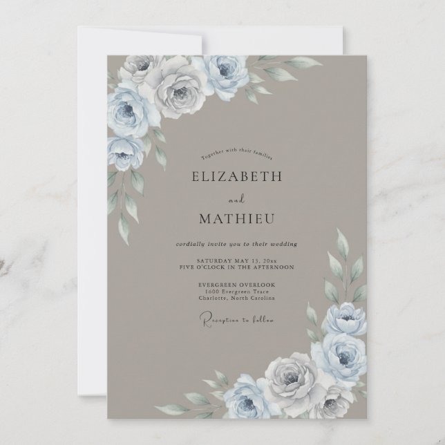 Invitation Mariage Taupe Acier Ranunculus Eucalyptus Doux (Devant)