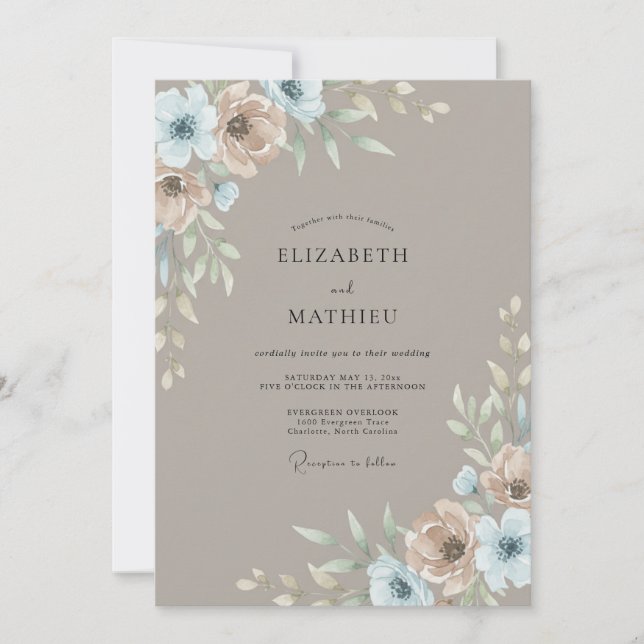 Invitation Mariage Taupe Acier Ranunculus Sage (Devant)