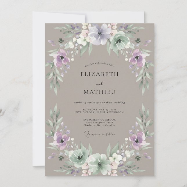 Invitation Mariage Taupe Améthyste Feuillage Poussiéreux Euca (Devant)