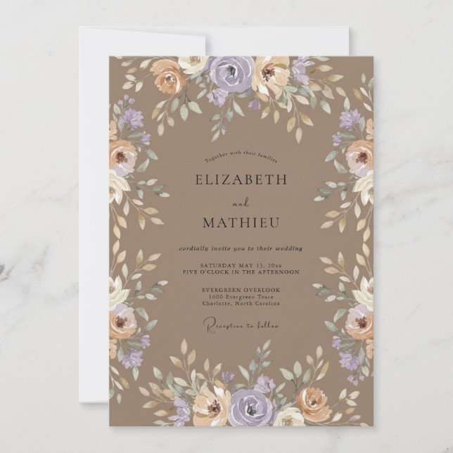 Invitation Mariage Taupe Améthyste Ranunculus Eucalyptus (Devant)