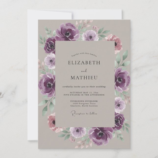 Invitation Mariage Taupe Améthyste Ranunculus Eucalyptus Doux (Devant)