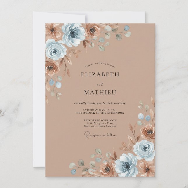 Invitation Mariage Taupe Antique Argent Pétale (Devant)