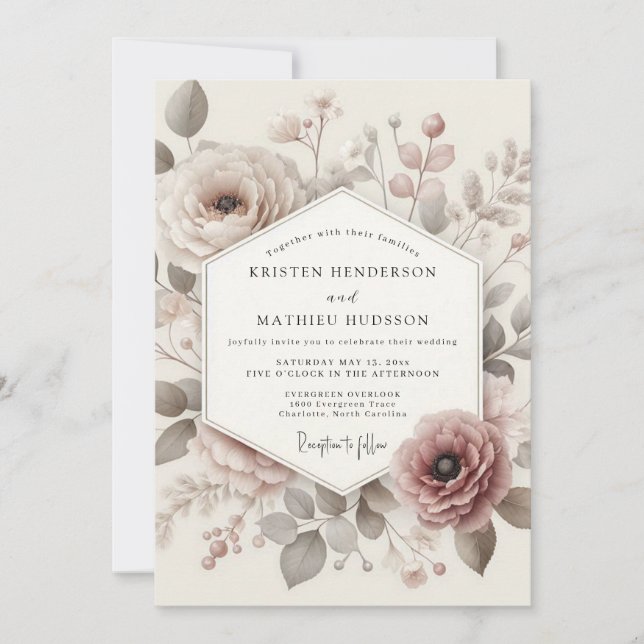 Invitation Mariage Taupe Antique Bloom (Devant)