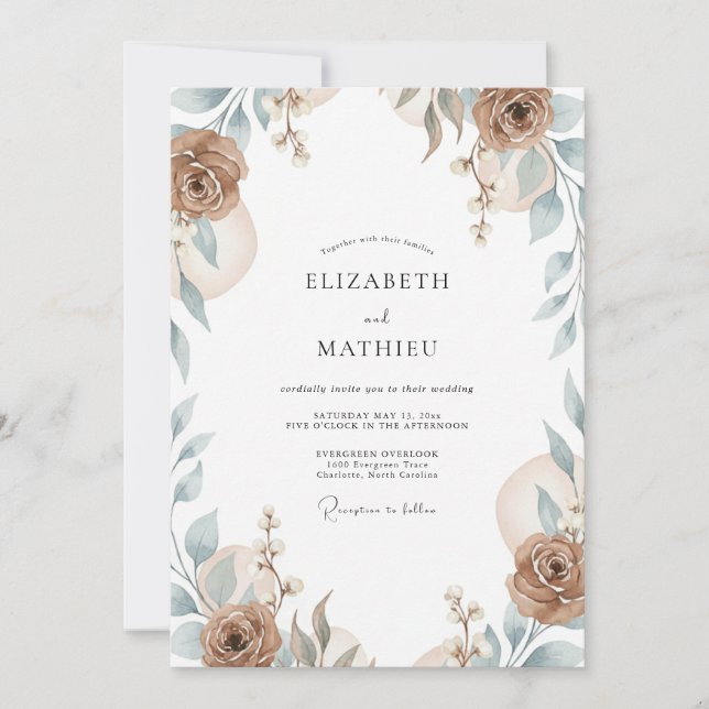 Invitation Mariage Taupe Antique Feuilles d'Argent (Devant)