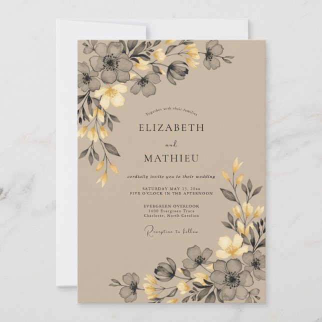 Invitation Mariage Taupe Antique Or Pétales (Devant)