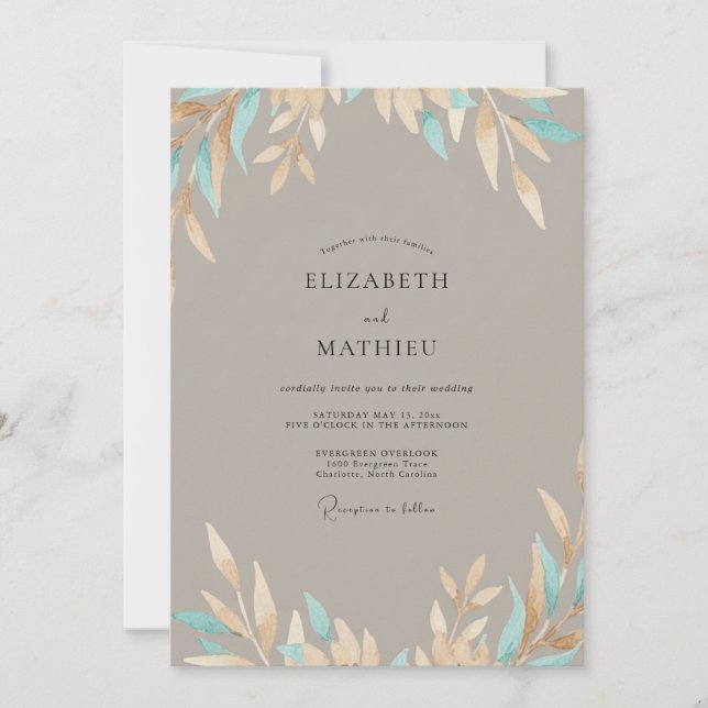 Invitation Mariage Taupe Aqua Leaf (Devant)