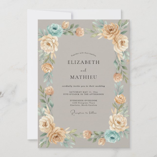Invitation Mariage Taupe Aqua Petal (Devant)