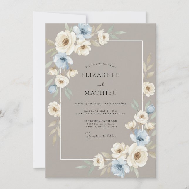 Invitation Mariage Taupe Argent Pivoine (Devant)