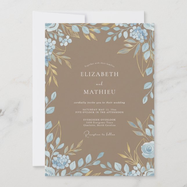Invitation Mariage Taupe Azur Feuillage Eucalyptus (Devant)