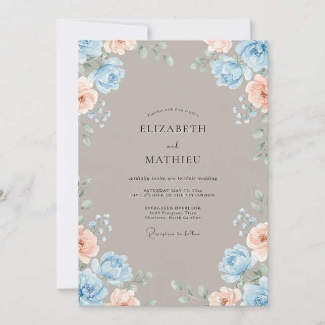 Invitation Mariage Taupe Azur Ranunculus Eucalyptus (Devant)