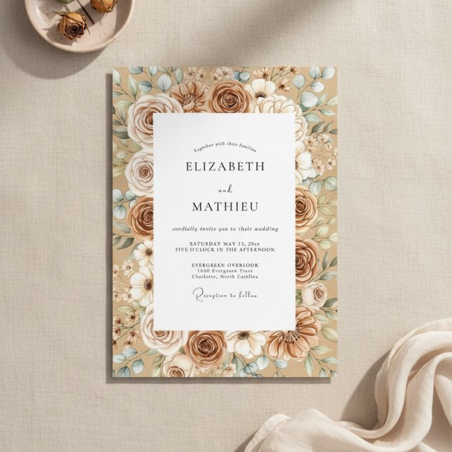Invitation Mariage Taupe & Blanc Rustique Bloom (Créateur téléchargé)