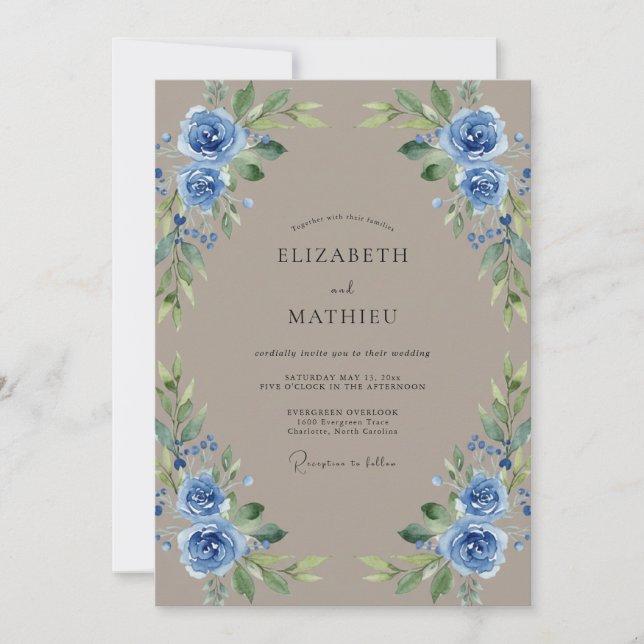 Invitation Mariage Taupe Bleuet Feuillage Eucalyptus (Devant)