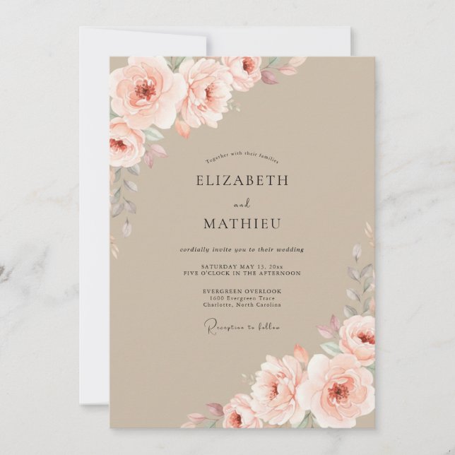 Invitation Mariage Taupe Blush Pivoine (Devant)