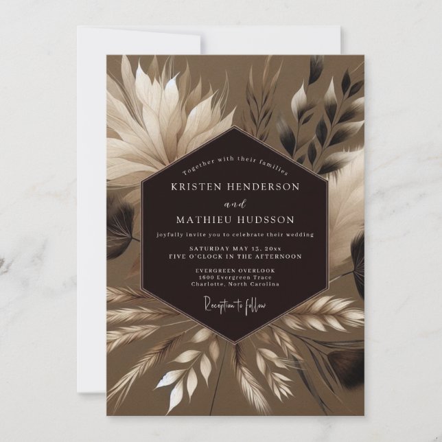 Invitation Mariage Taupe Bohème Pampas (Devant)