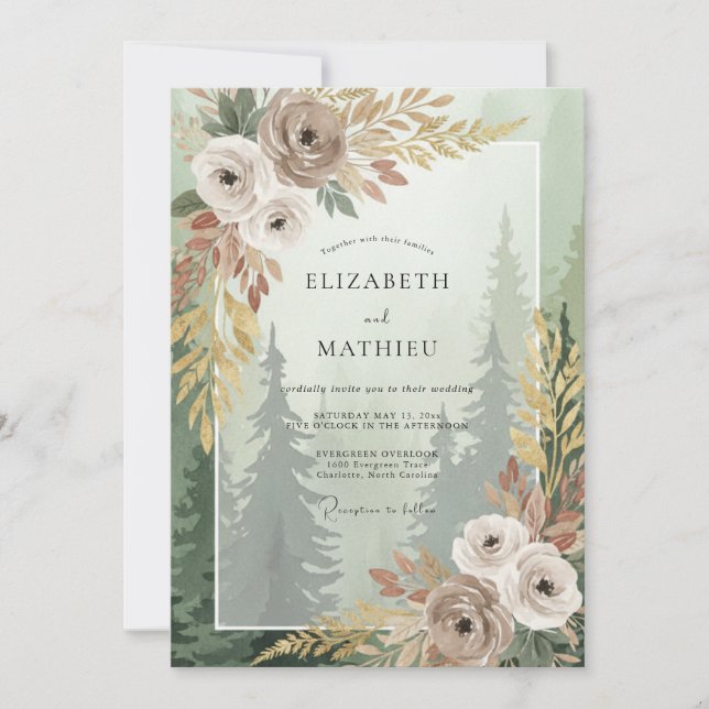 Invitation Mariage Taupe Bois Pin Eucalyptus (Devant)