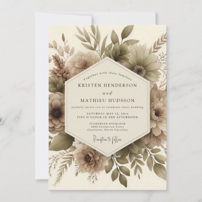 Invitation Mariage Taupe Botanique Romance d'Automne (Devant)