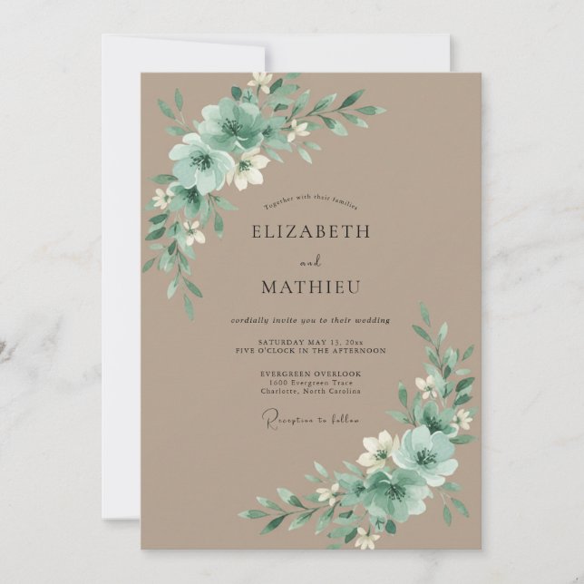 Invitation Mariage Taupe Céladon Pivoine (Devant)
