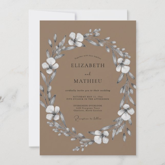 Invitation Mariage Taupe Chaud Argent Pétales (Devant)