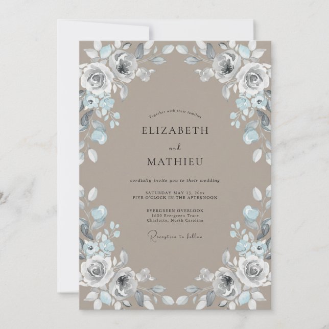 Invitation Mariage Taupe Chaud Feuilles d'Argent (Devant)