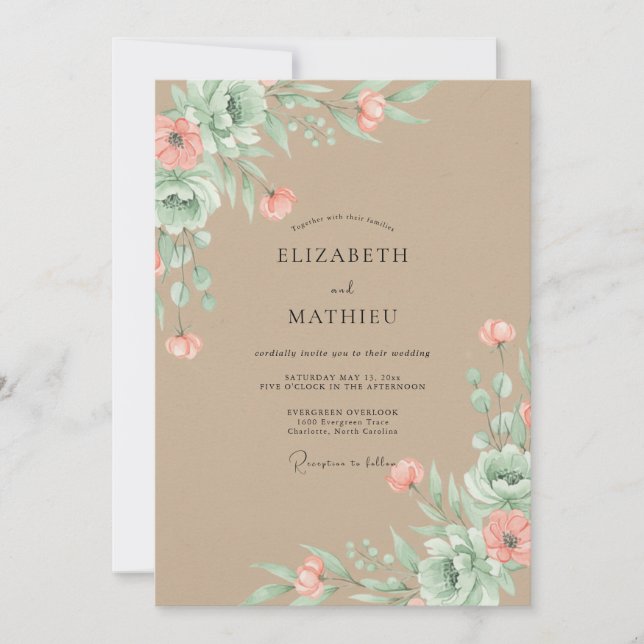 Invitation Mariage Taupe Corail Apaisé Pétales (Devant)