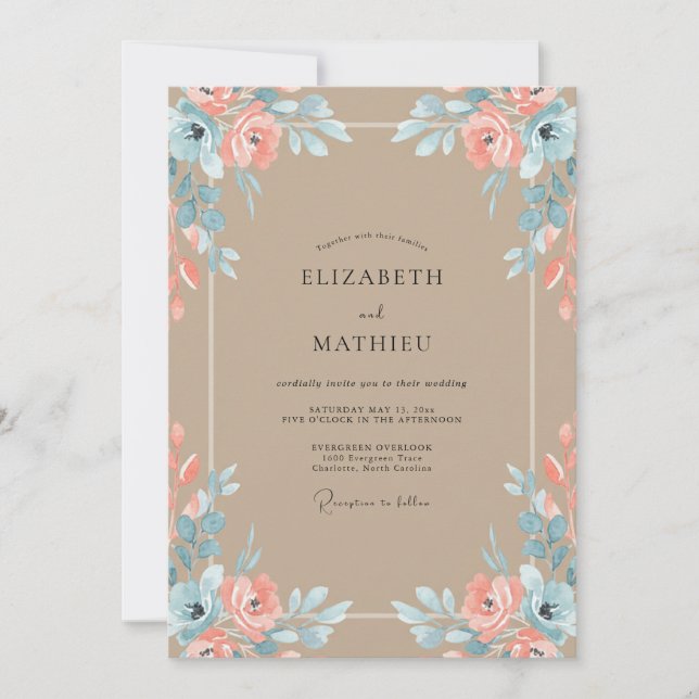 Invitation Mariage Taupe Corail Douce Pétale (Devant)