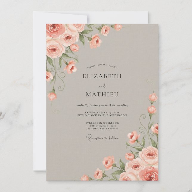 Invitation Mariage Taupe Corail Pétales (Devant)