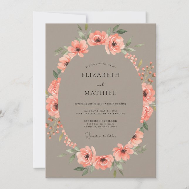Invitation Mariage Taupe Corail Ranunculus Eucalyptus Gris (Devant)