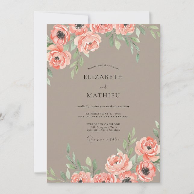 Invitation Mariage Taupe Coral Leaf (Devant)