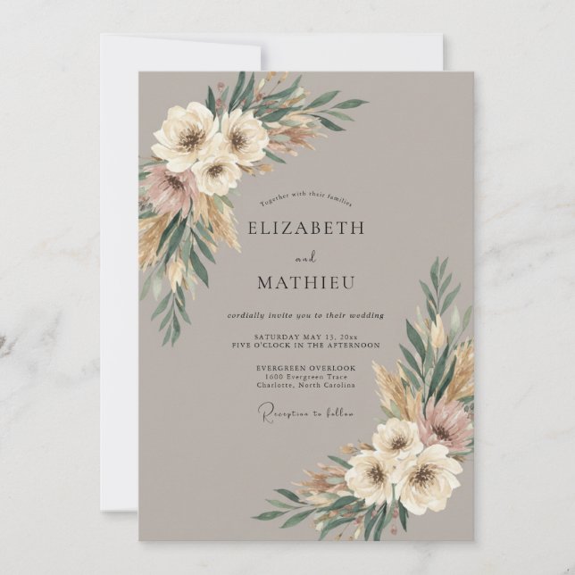 Invitation Mariage Taupe Crème Douce Pampas Eucalyptus (Devant)