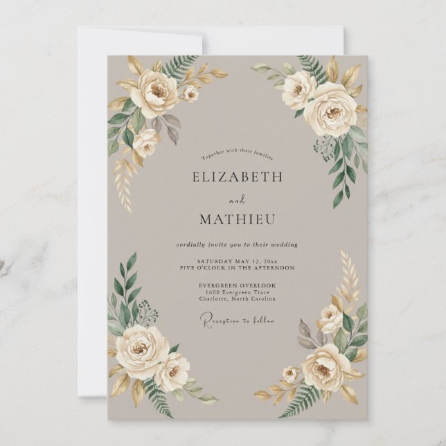 Invitation Mariage Taupe Crème Pampas Eucalyptus (Devant)