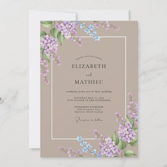 Invitation Mariage Taupe Élégant Lilas (Devant)