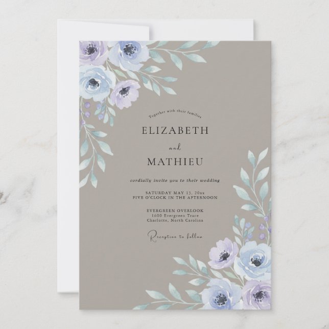 Invitation Mariage Taupe et Anémone Lavande (Devant)