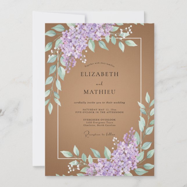 Invitation Mariage Taupe Feuille de Lavande (Devant)