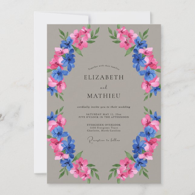 Invitation Mariage Taupe Fuchsia Azur Peint (Devant)