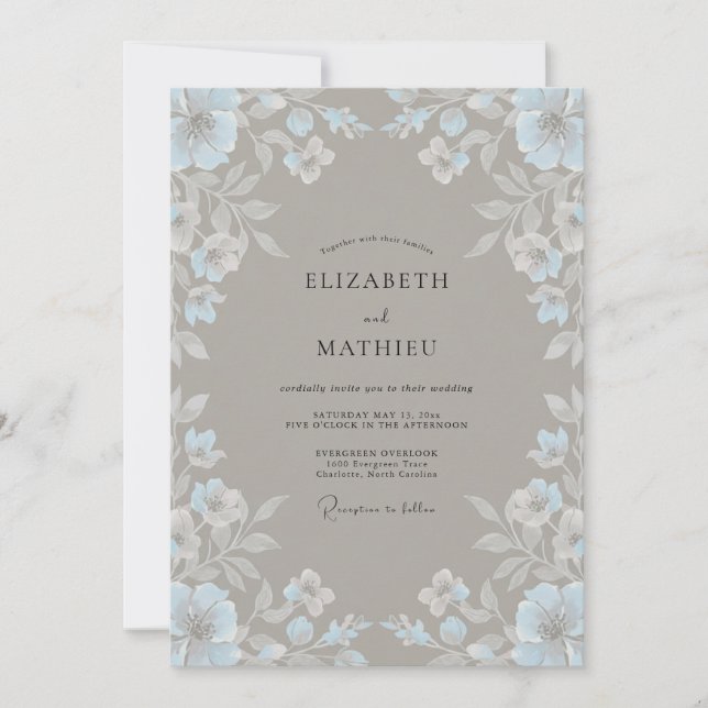 Invitation Mariage Taupe Glace Bleuet Eucalyptus (Devant)
