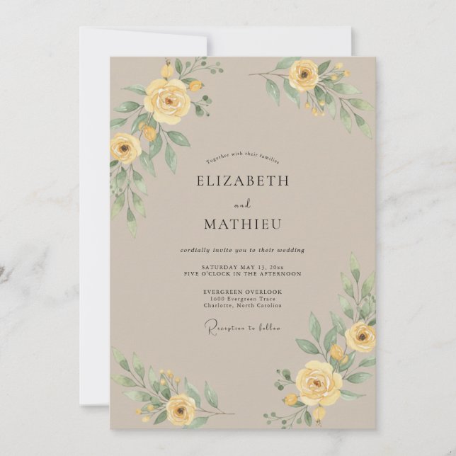 Invitation Mariage Taupe Jaune Ranunculus Eucalyptus (Devant)