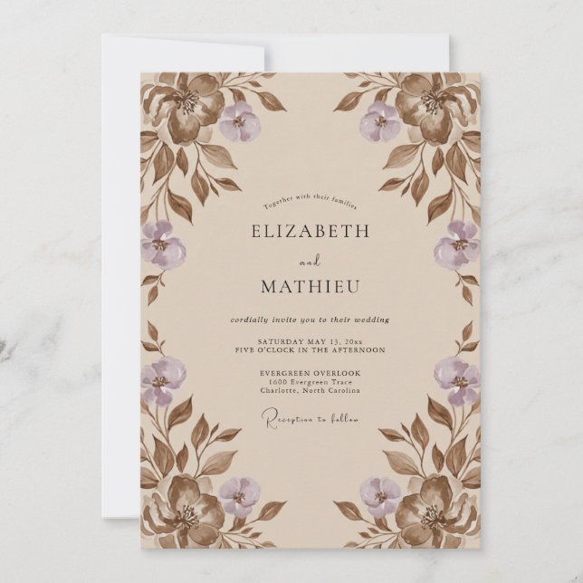Invitation Mariage Taupe Lilas Feuille (Devant)