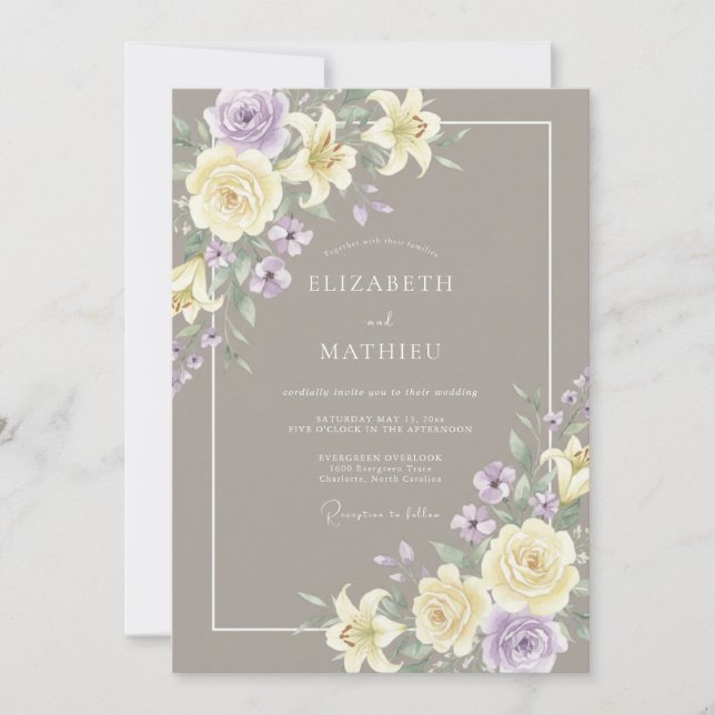 Invitation Mariage Taupe Lilas Rose Chaude (Devant)