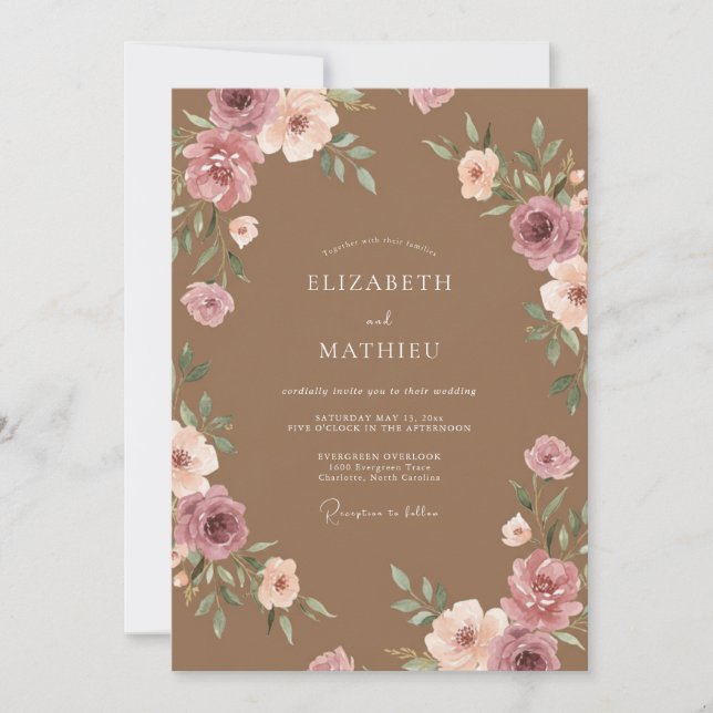 Invitation Mariage Taupe Mauve Atténué Fleur (Devant)